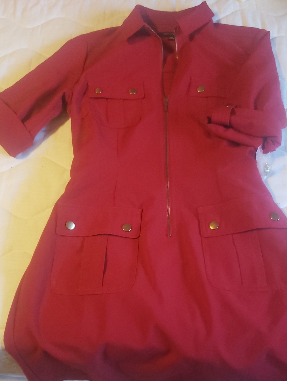 Sharagano Dark Red Utility Jacket Dress with Front Zip And Belt